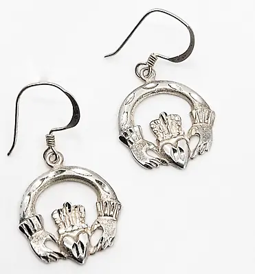 Claddagh Celtic Irish Hoop Heart In Hands Vintage Sterling Silver Drop Earrings • $23.40
