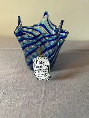 4” Linea Valntina Murano Striped Ruffle Vase Blue Multicolor • $40