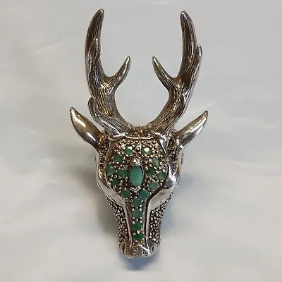 Sterling Silver Elk Deer Statement Ring Emeralds Ruby Eyes Marcasite Jewels • $199.99