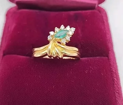 Vintage JE 14kt Yellow Marquise Cut Blue Gemstone & Diamond Ring Size 8.5 • $899.99