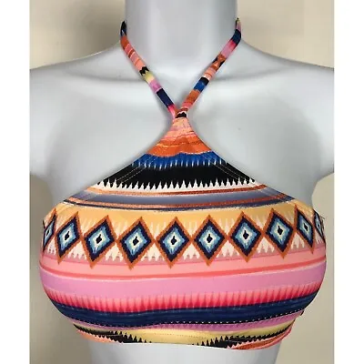 Hobie Women Bikini Top Size M Orange Blue Halter New No Tags Stripes Diamonds • $16.49