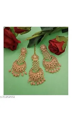 New Bridal Maang Tikka Earrings Set Pearl Kundan Gold Tone Indian Peach Jewelry • $9.38