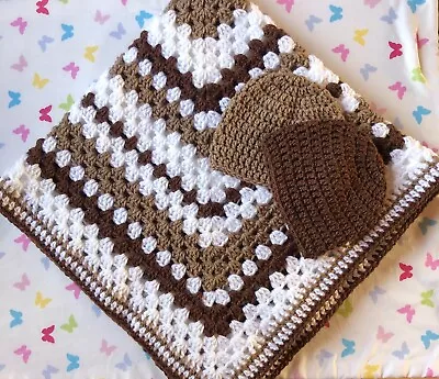 Crochet Baby Blanket Gift Set - Chocolate Taupe And White - Blanket And Hats • £0.99