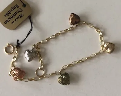 14k Solid Multi Color Gold Heart Dangle 6.5” Bracelet NOS • $99