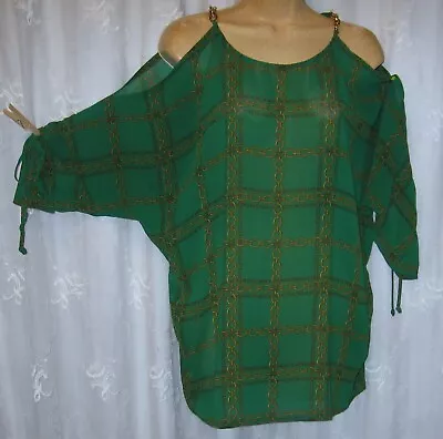 New Med Michael Kors Green/chain Straps/cold Shoulder/ Slv Shirring/ Top Blouse • $22