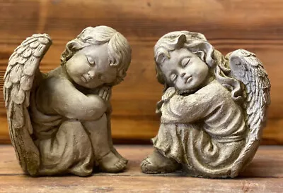 Stone Garden Pair Of Sleeping Resting Angel Cherub Memorial Gift Ornament • £30.40