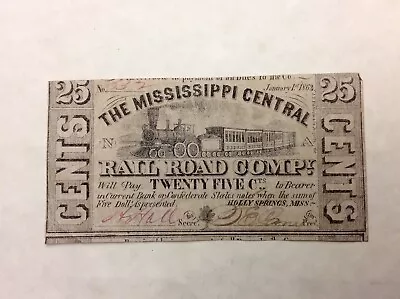 ~ 1862 25c The Mississippi Central Rail Road Co. - Scarce Civil War Era Currency • $75