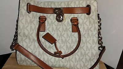 Michael Kors Hamilton  Vanilla Brown Signature PVC Leather Large Tote Handbag • $100