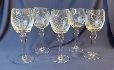 Vintage Romanian Crystal Grapevine Etched Wine Glasses - Set Of 5 • $20