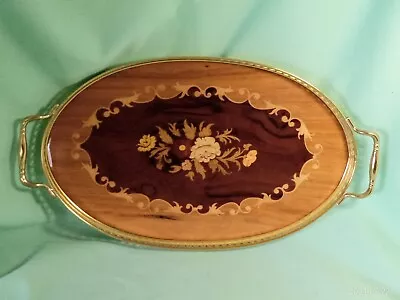 Italian Inlaid Wood Marquetry FLORAL Serving TRAY Filigree Metal Trim Italy  • $24.99