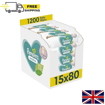 Pampers Sensitive Baby Wipes 15 Packs Of 80 = 1200 Baby Wet Wipes Unscented UK • £23.34