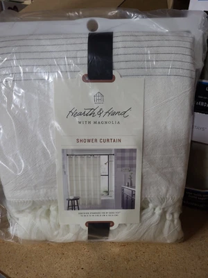 $17 • Buy Hearth & Hand With Magnolia Woven Stripe Knotted Fringe Shower Curtain Fast Ship