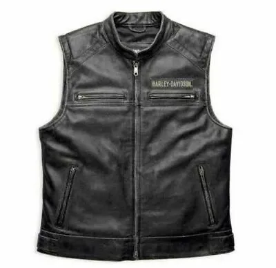 Harley Davidson Men's Genuine Leather Black Biker Vest Jacket Moto Cafe Racer • $249.95