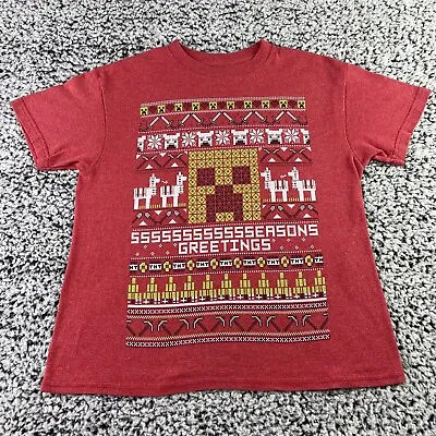 Minecraft Holiday Shirt Youth 6/7 Red Seasons Greetings Llama Creeper Snowflake • $8.97