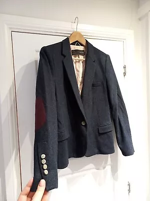 Zara Navy Tweed 100% Wool Blazer Jacket XL 14 UK Elbow Patches • £45