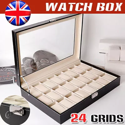 24 Grids Watch Box Display Jewelry Storage Case Holder Glass Top PU Leather Mens • £22.47