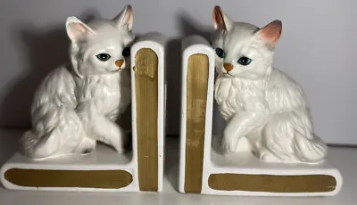 VTG 1960s Cat Bookends White Persian Fluffy Kitty Lefton Japan Ceramic Book Ends • $14.99
