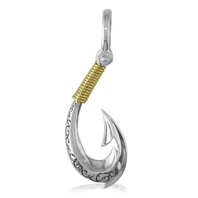 Large Hei Matau Maori Tribal Fish Hook Charm With Black In Sterling Silver And  • $262