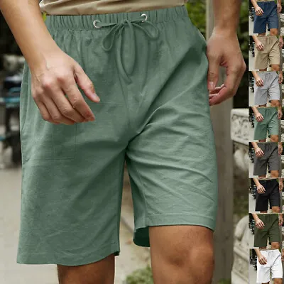 Men's Drawstring Cotton Linen Shorts Summer Beach Holiday Solid Short Pants US • $12.99