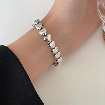 925 Sterling Silver Handmade Vintage Elegant Unique Heart Link Bracelet Bangle • $8.99