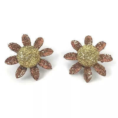 Vintage Flower Earrings Metal Clip On Glitter Hippy Boho Statement Runway Glam • $15.98