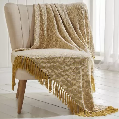 Two Tone 100% Cotton X-Large Throw Chair Sofa Bed Fringed Blanket Ochre Yellow • £19.95