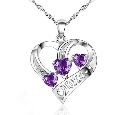 $8.95 • Buy Sterling Silver Heart Love CZ Amethyst Pendant Necklace 18  Chain Gift Box E7