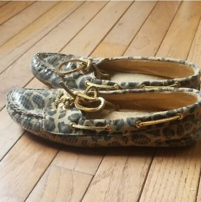 Sperry Top-Sliders Leopard Cheetah Print Sequins Bling Boat Shoes Sz 9 • $29.99