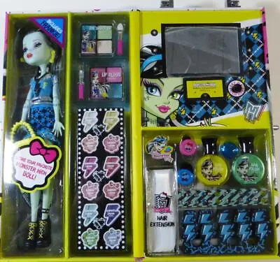 Monster High Make Up Case & Frankie Doll Lip Gloss Nail Polishes Light Up Mirror • $59.99
