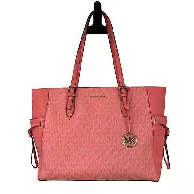 Michael Kors Pink White Monogram Zip Adjustable Strap Large Gilly Tote Bag Purse • $150