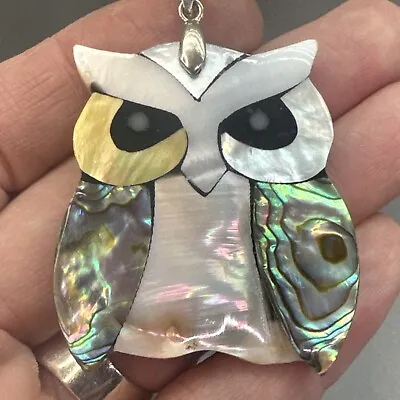 Vintage Handwork OWL Abalone Mother Of Pearl Onyx Shell Pendant Carving • $11