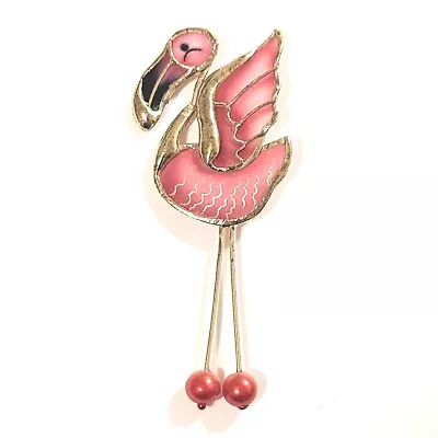 PINK FLAMINGO🦩Vintage 3½ In Gold Tone Hand Painted Seashell Pin Brooch • $16.99