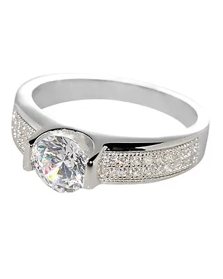 Sterling Silver Cubic Zirconia Engagement Ring Micro Pave Round 6mm CZ • $26.98