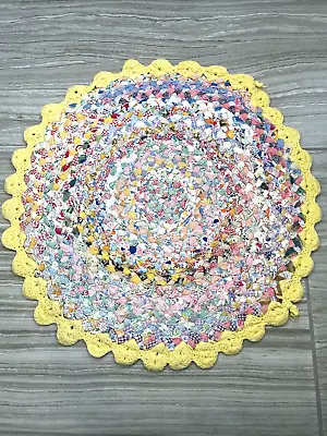 Vintage Rag Rug Crochet Yellow Edging Circular Centerpiece Boho Decor • $16.18