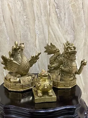 Dragon Brass Peacock Brass Chinese Statue Copper Statue 3 Pieces • $75