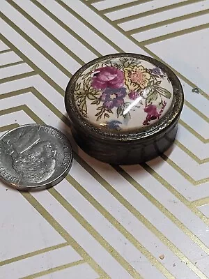 Porcelain Round Vintage Pill Trinket Box Brass It Has A Beautiful Flower Pattern • $8