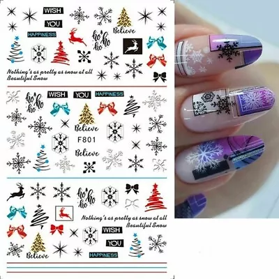 Nail Art Stickers Decals Christmas Tree Snowflakes Stars Bows Reindeer F801 NH13 • $2.95