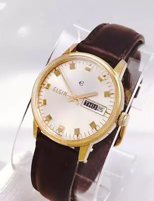 1970's ELGIN CALENDAR 17 Jewels MANUAL WIND Cal 338 SWISS Men's Wrist Watch RUNS • $37
