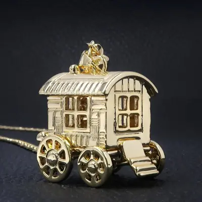 Large Gold 18K GF Gypsy Wagon Caravan 3D Pendant  Cuban Curb Chain Romany Filled • £49.99