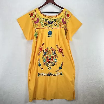 Vintage Mexican Dress Womens Large Yellow Floral Hand Embroidered Boho Oaxacan • $28