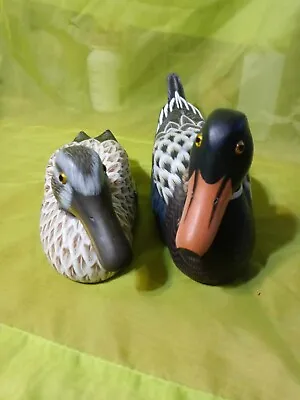 Vintage Hand Carved Wooden Ducks With Glass Eyes Set Of 2 • $10