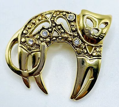 $75 • Buy Vintage Cat Brooch SFJ Steinmetz & Sons Gold Tone & Rhinestones Animal Jewelry
