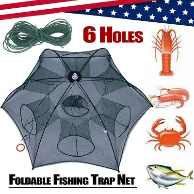 6 Holes Green Foldable Fishing Trap Net Crab Shrimp Crayfish Lobster Bait Trap • $11.77
