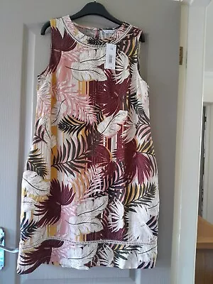 Ladies Linen Blend Summer Dress Size 14 Palm Leaves Print • £10.99