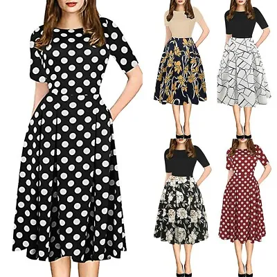 Women Vintage Patchwork Pocket Puffy Swing Print Casual Evening Party Dresse FS • $27.39