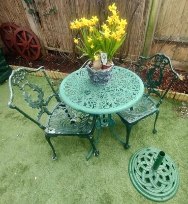 £75 • Buy Cast Aluminium Garden Table, Two Chairs And Stand