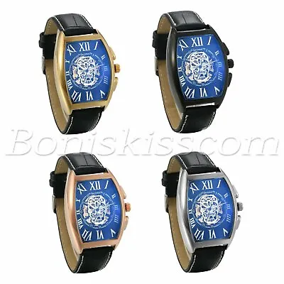 Men Roman Numberals Square Dial Hand-winding Mechanical Leather Band Wrist Watch • $20.99