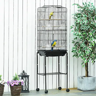 Bird Cage Metal Budgie Cages W/ Rolling Stand Slide-out Tray Storage Shelf Black • £46.99