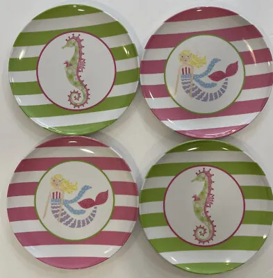 4 Pottery Barn Kids Striped Melamine 9” Plates Sea Horse Mermaid Green Pink • $20