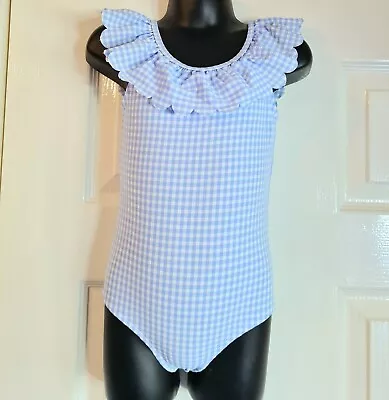 💙 Bnwt Baby Girls Blue Gingham Frilly Swimming Costume Suit Age 12-18 Mths • £5.49